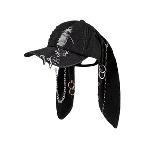 废土风兔耳朵牛仔鸭舌帽子女y2k破洞链条嘻哈个性亚比风棒球帽潮