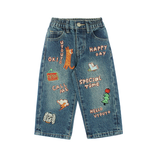 大耳象女童字母刺绣牛仔裤2026春季新款宝儿直筒百搭休闲宽松裤子