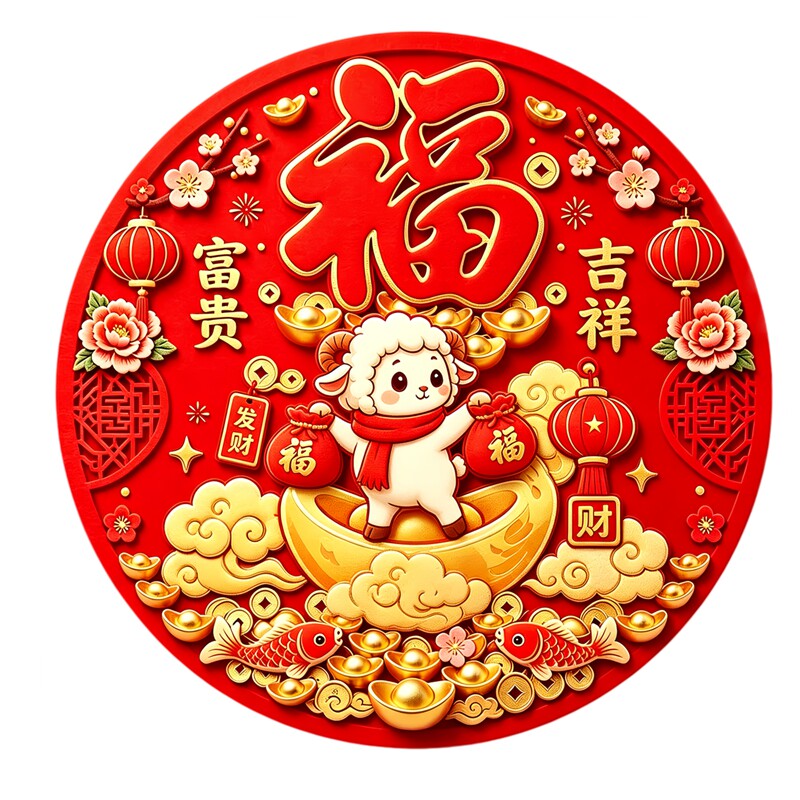 圆形福字小羊墙贴抱福袋锦鲤金元宝梅花灯笼富贵吉祥新年装饰贴纸