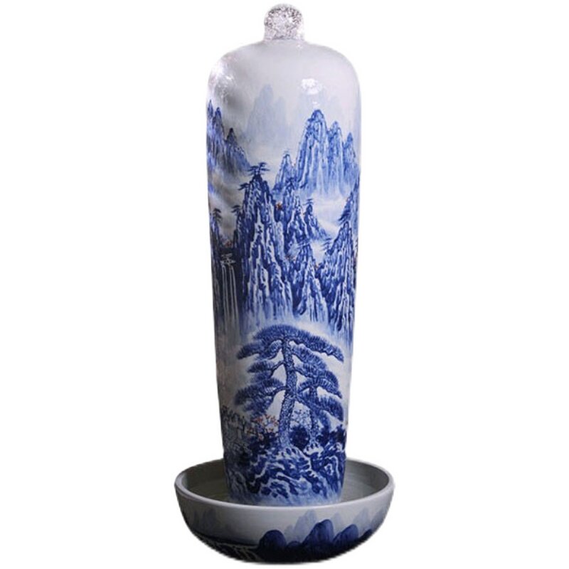 陶瓷景德镇高白泥手绘青花山水加湿器流水喷泉摆件开业乔迁礼品