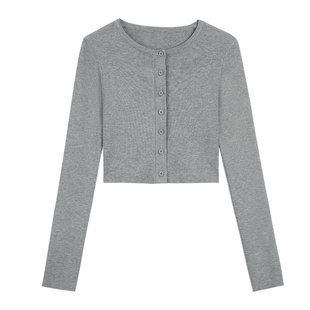 MULVAN【现货7折】灰色针织开衫外套女春秋短款圆领长袖休闲上衣