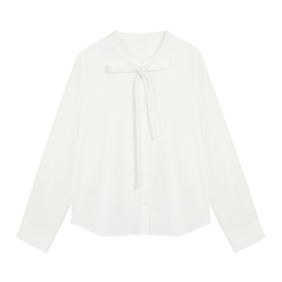 MULVAN 缪系简约 米白色蝴蝶结绑带衬衫女气质宽松通勤长袖衬衣