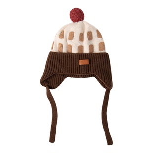 OCE儿童格纹针织帽秋冬复古套头护耳加厚女童男孩保暖帽子套头帽