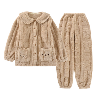 新款法兰绒睡衣女冬加厚保暖清新卡通熊收口束脚珊瑚绒家居服套装