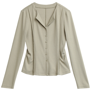 CV大码女装 秋季新款小翻领长袖T恤修身正肩坑条针织开衫女胖妹mm