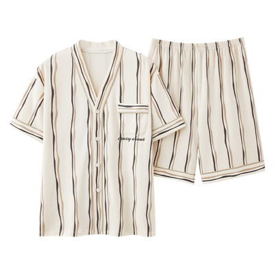 睡衣男士夏季短袖纯棉开衫夏天男式青少年简约条纹宽松家居服套装