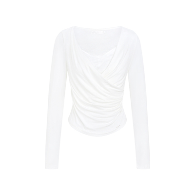 蕾丝拼接交叉领针织假两件T恤