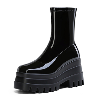 弹力靴高帮女鞋方头厚底靴子短筒马丁靴漆皮机车靴松糕跟短靴增高