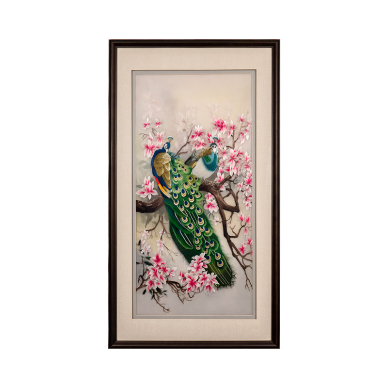 现货手工苏绣玄关挂画富贵吉祥孔雀客厅背景墙赠礼装饰挂画