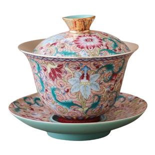 纯银时代 花开盛世一盖碗二杯套组瓷包银珐琅瓷品茗杯盖碗大110ml