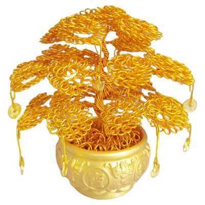 新款招财好运车载发财树创意桌面小摆件金色手工摇钱树酒柜装饰品