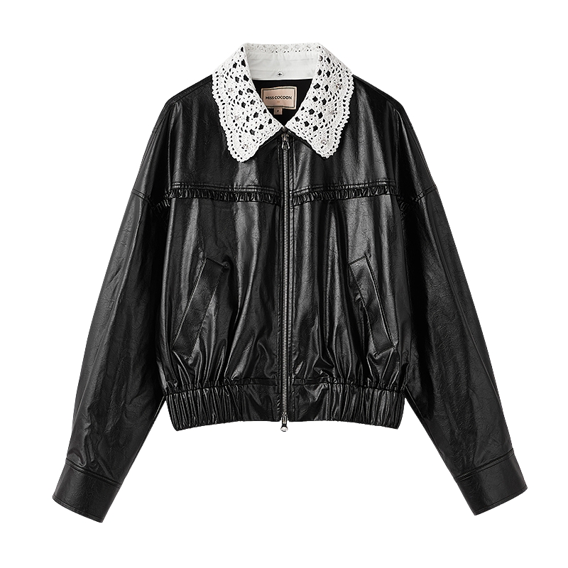 MISSCOCOON可可尼娃娃领黑色夹克上衣女2025秋季新款仿皮衣短外套