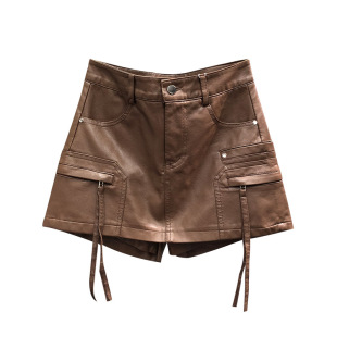 咖啡色高腰PU皮短裤裙女秋季洋气减龄A字打底假两件工装半身裙裤