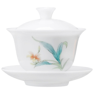 瓷汇冰种玉瓷三才盖碗单个茶杯带盖泡茶碗德化白瓷手绘萱草花茶具