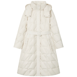 曼德诗中长款羽绒服女2025冬季新款时尚连帽纯色百搭收腰保暖外套