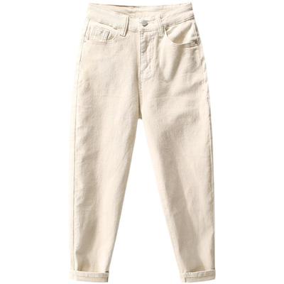 米白色牛仔裤秋冬加绒高腰哈伦裤