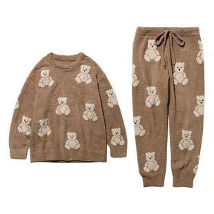 日系可爱小熊软绵绵睡衣套装保暖珊瑚绒过膝睡裙卡通家居服套装冬