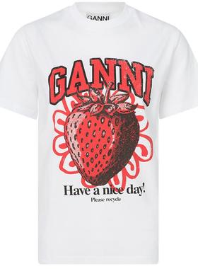 GANNI24春夏新款白色棉质字母草莓印花女圆领短袖T恤银泰百货精品