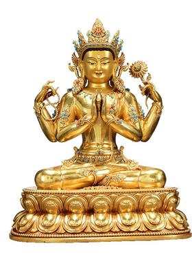 闯隆鎏金四臂观音铜像摆件