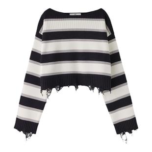 SLY 甜美日系撞色条纹磨损针织衫毛衣038HSL70-4090