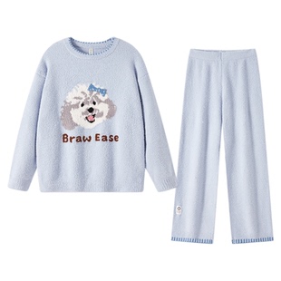 BE冬季睡衣半边绒女款长袖加绒加厚家居服珊瑚绒秋冬毛绒冬装冬天