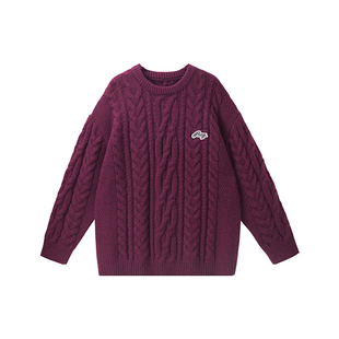 PCMY潮牌复古酒红色麻花毛衣冬季外套宽松慵懒风绞花情侣针织上衣