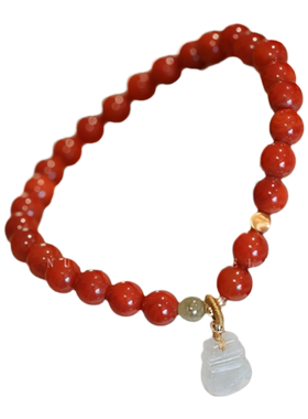 暖言天然红玛瑙翡翠玉葫芦手串