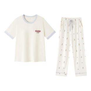 泰迪熊联名纯棉睡衣带胸垫女短袖长裤秋冬家居服防凸点套头可外穿