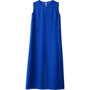 2026春夏新款无袖连衣裙女蓝色直筒背心长裙慵懒风松弛感连身裙子