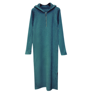 秋冬季宽松连帽长款过膝毛衣裙女装加厚打底针织连衣裙内搭长裙子