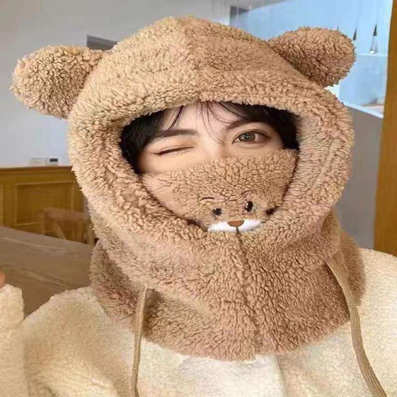 小熊帽子口罩围巾一体女秋冬季加厚毛绒围脖骑车护耳可爱保暖棉帽