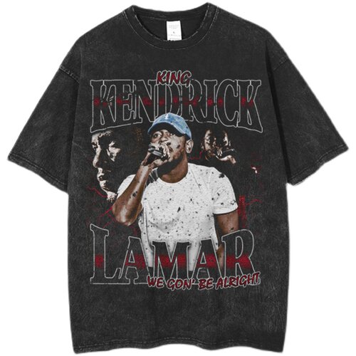 Kendrick Lamar Vintage Rap Tee 洗水灰做旧t恤磨边复古宽松圆领