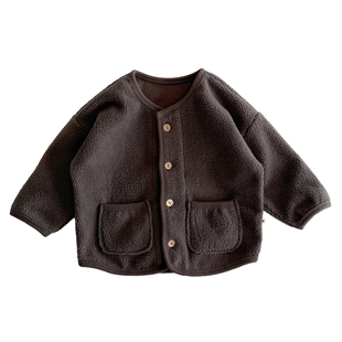 儿童加绒外套新款法式森系新年上衣 宝宝秋冬澳绒大颗粒保暖开衫