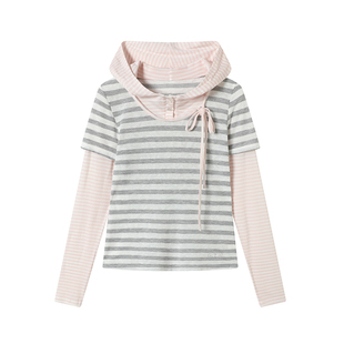 Rrichu「首尔粉漾」连帽长袖t恤假两件条纹原创韩系天丝打底上衣
