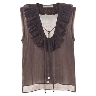 wana try荷叶边系带领苎麻上衣2025夏季新款v领无袖法式女款上装