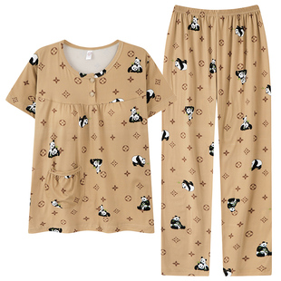 自带胸垫防凸点睡衣套装女士夏季短袖长裤家居服春秋大码胖MM