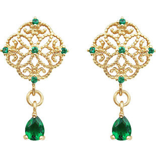 冷翠小轩窗925纯银耳针耳环法式复古蕾丝祖母绿锆石女蚊香盘耳夹