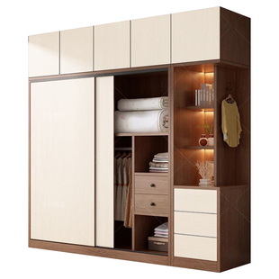 轻奢风实木衣柜推拉门卧室家用小户型收纳柜现代简约定制木质衣橱