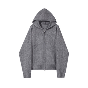 红色连帽毛衣拉链开衫女款2026新款秋冬季韩系慵懒风短款针织外套