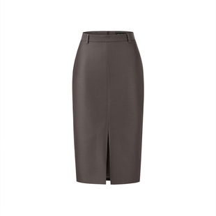 VER TOW埃及灰丝羊毛前开叉半裙 轻奢高级感中腰过膝西装半身裙