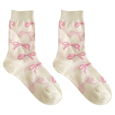 粉色蝴蝶结女士无骨中筒袜复古棉