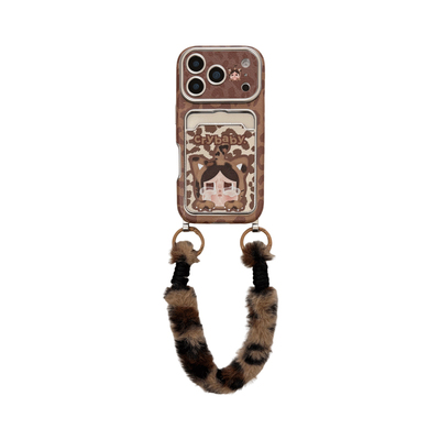 超火卡通豹纹哭娃镜面卡包插卡适用苹果17promax手机壳iPhone17pro皮纹壳16pro手拎挂绳15女新款14防摔保护套