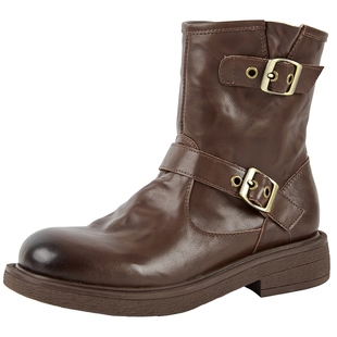 明星同款百田森美拉德棕色靴子2025超火小短靴秋冬季金属牛仔靴