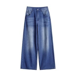 马登丹宁深蓝色复古直筒阔腿水洗牛仔裤全纯棉拖地长裤子女士春秋
