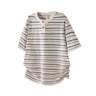 希越棉麻混纺亨利领短袖T恤男士2026夏季宽松复古撞色条纹体恤衫