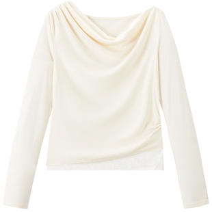 乐町荡领长袖T恤春季新款白色修身内搭上衣蕾丝拼接一字肩打底衫