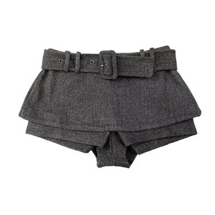 亚文化穿搭灰色毛呢裙裤女秋冬加厚半身裙腰带亚比短裤y2k裤裙子