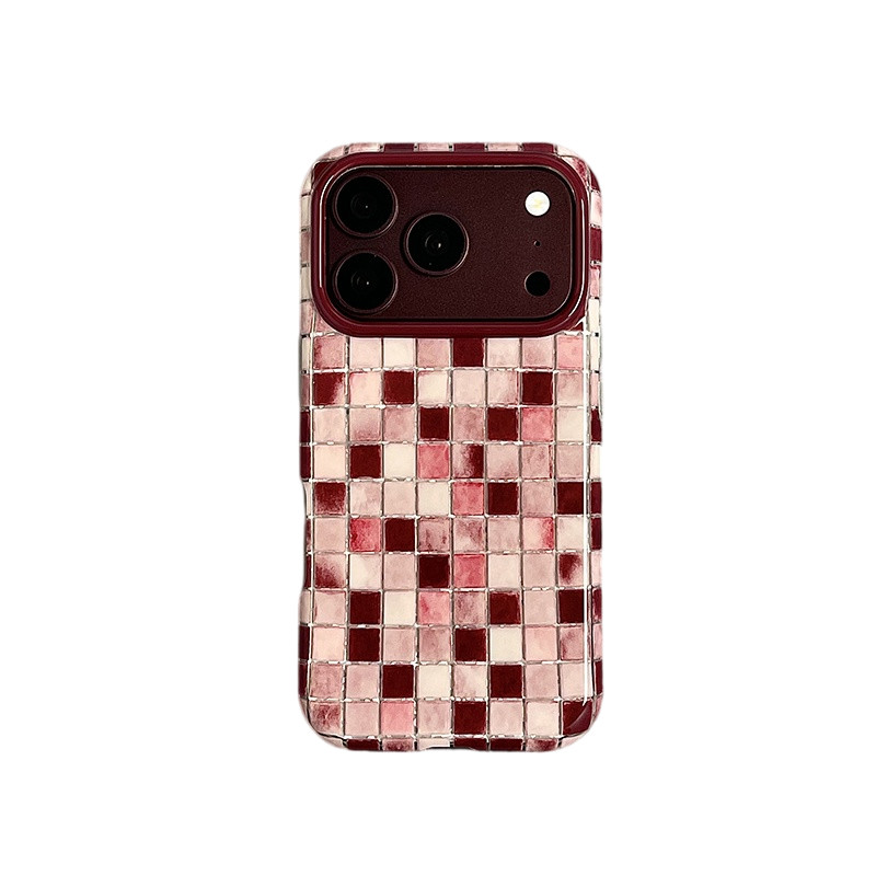 ins韩风格子酒红蓝色棕色适用苹果18promax手机壳iphone17pro新款16高级感15pro绿色18pm全包圆边防摔保护套