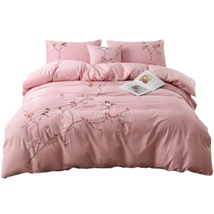 [主推款]刺绣纯棉被套单件（烟灰粉）厚实斜纹全棉绣花被罩四件套