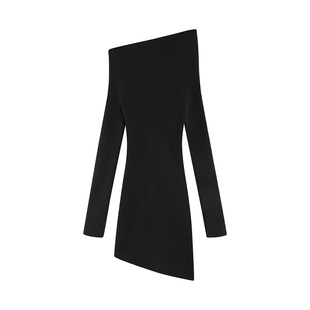 ousph【现货5折】小众性感长袖一字肩连衣裙女法式收腰显瘦裙子